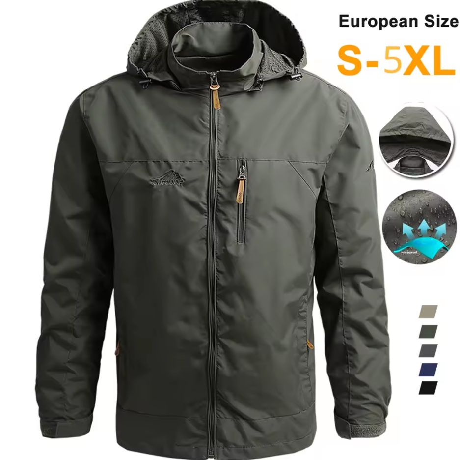 Men’s Waterproof Outdoor Windbreaker Jacket with Detachable Hood – Lightweight & Breathable Hiking Coat