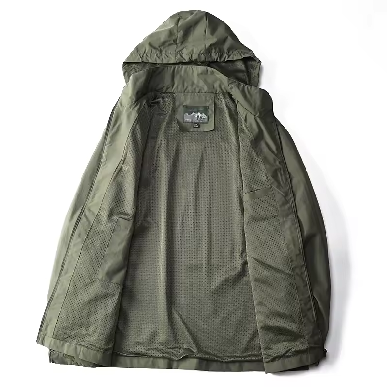 Men’s Waterproof Outdoor Windbreaker Jacket with Detachable Hood – Lightweight & Breathable Hiking Coat