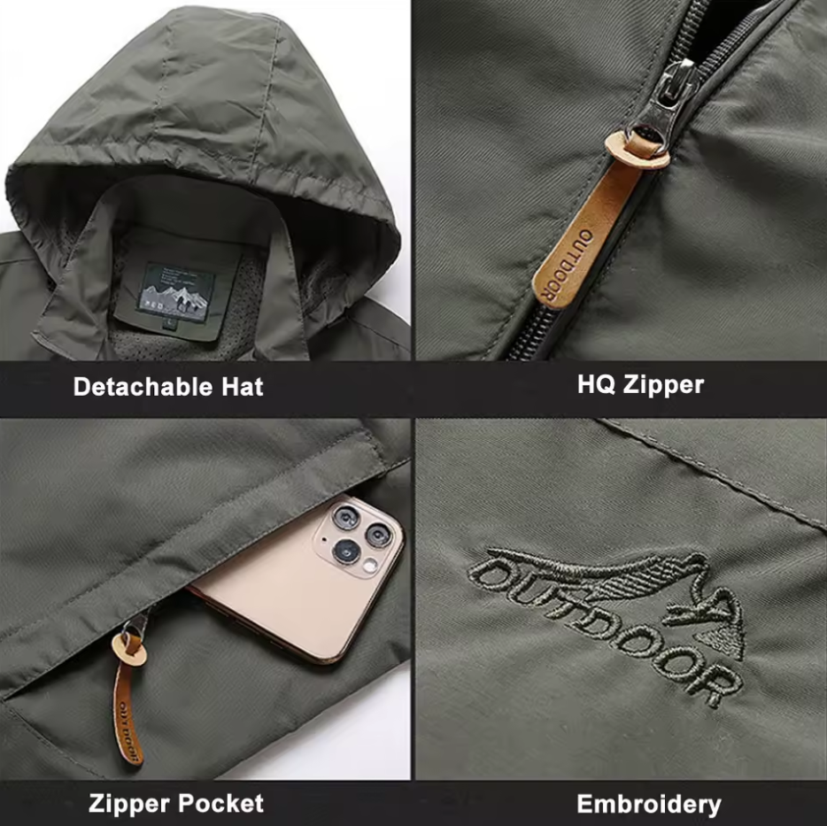 Men’s Waterproof Outdoor Windbreaker Jacket with Detachable Hood – Lightweight & Breathable Hiking Coat