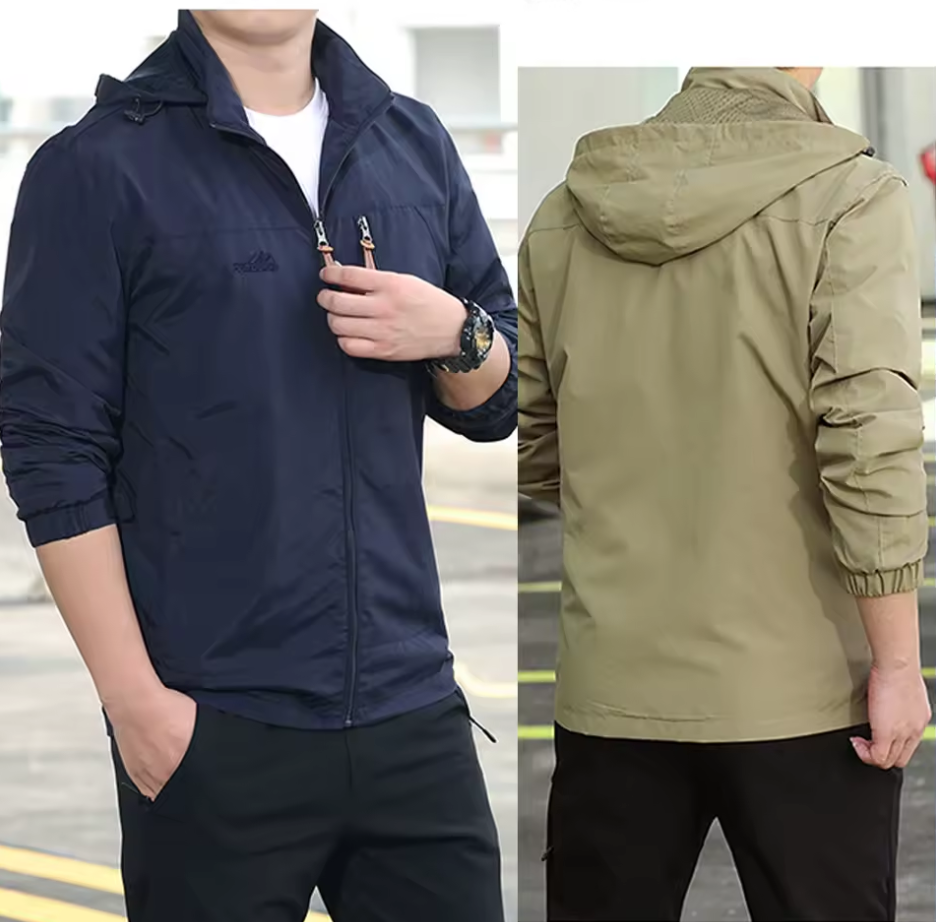 Men’s Waterproof Outdoor Windbreaker Jacket with Detachable Hood – Lightweight & Breathable Hiking Coat