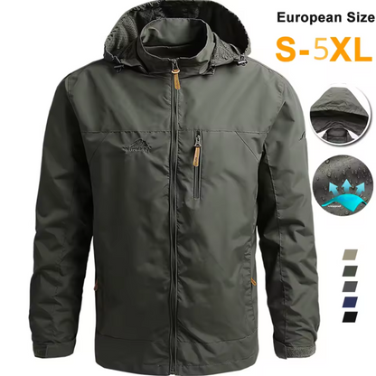 Men’s Waterproof Outdoor Windbreaker Jacket with Detachable Hood – Lightweight & Breathable Hiking Coat